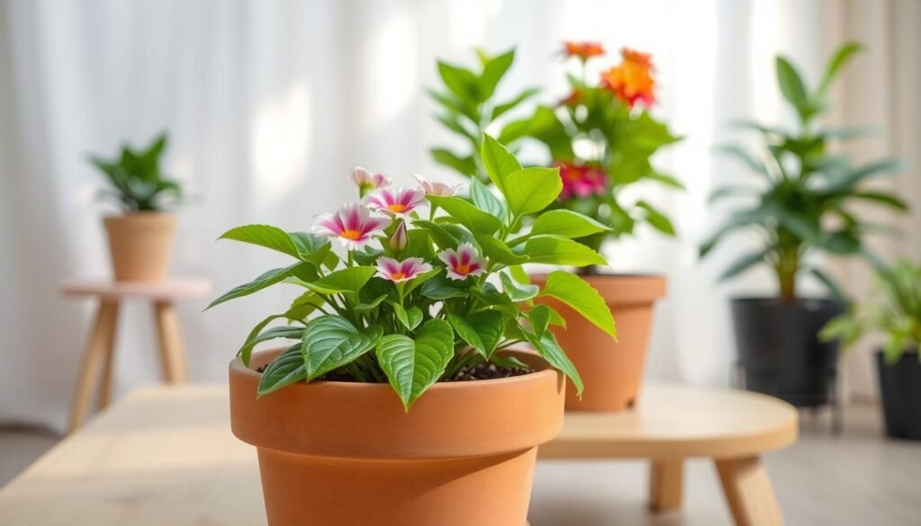 A well-drained indoor flower pot, highlighted in the foreground, showcasing vibrant green leaves and colorful blooms. The pot is made of terracotta, featuring small drainage holes at the bottom, with soil that appears moist yet crumbly. In the middle ground, a stylish indoor setting with a light wooden table and a soft, textured fabric backdrop in pastel colors creates a warm atmosphere. A gentle sunlight streams through a window, casting soft shadows and illuminating the flowers. In the background, blurred outlines of additional healthy plants create depth without distractingly stealing focus from the main subject. The scene evokes tranquility and care, emphasizing the importance of proper drainage for thriving indoor plants.