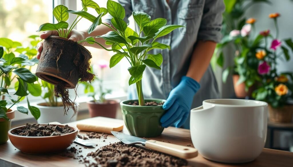 An indoor setting featuring a person in modest casual clothing diligently repotting a stressed indoor flower plant. The foreground showcases the plant being gently removed from its old pot, with soil and roots visible, demonstrating careful handling. The middle layer includes a well-organized repotting station with various tools: a small trowel, gloves, fresh potting soil, and a new ceramic pot. In the background, soft natural light filters in through a window, illuminating vibrant green leaves and colorful flowering plants, creating a soothing atmosphere. The scene conveys a sense of calm and focus, emphasizing the importance of repotting as a nurturing act in plant care. The angle is slightly above eye level, providing a clear perspective on the repotting process.