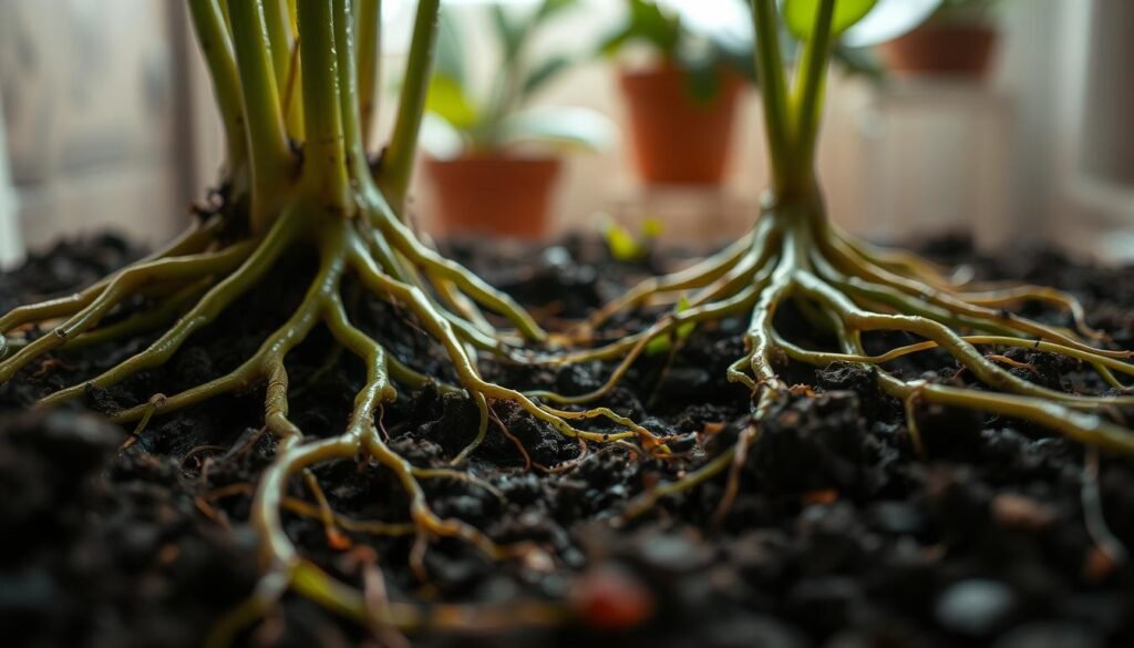 An intricately detailed close-up of moist soil roots, showcasing the delicate network of vibrant, healthy roots intertwined with dark, rich soil. The foreground features glistening, damp roots surrounded by small clumps of earth, capturing the moisture that indicates a potentially stressed plant. In the middle ground, soft greens of indoor plant foliage peek through, suggesting the life above the soil level. The background introduces a subtle blur of a cozy, indoor setting with soft, diffused natural lighting filtering in, giving a warm and nurturing atmosphere. The image should feel intimate, focusing on the complexity of root systems while evoking the hidden struggles of indoor plants. Use a shallow depth of field to emphasize the roots, with an inviting, earthy color palette that reflects both moisture and the challenges of plant health. An intricately detailed close-up of moist soil roots, showcasing the delicate network of vibrant, healthy roots intertwined with dark, rich soil. The foreground features glistening, damp roots surrounded by small clumps of earth, capturing the moisture that indicates a potentially stressed plant. In the middle ground, soft greens of indoor plant foliage peek through, suggesting the life above the soil level. The background introduces a subtle blur of a cozy, indoor setting with soft, diffused natural lighting filtering in, giving a warm and nurturing atmosphere. The image should feel intimate, focusing on the complexity of root systems while evoking the hidden struggles of indoor plants. Use a shallow depth of field to emphasize the roots, with an inviting, earthy color palette that reflects both moisture and the challenges of plant health.