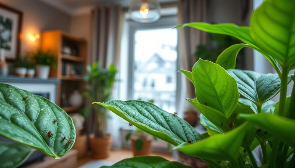 Close-up of a vibrant indoor plant infested with common winter pests, such as aphids and spider mites, prominently displayed in the foreground. The pests are detailed and crisply in focus, showcasing their unique shapes and colors against the lush green leaves of the plant. In the middle ground, a cozy apartment setting is visible, with soft, warm lighting that creates a comfortable atmosphere. A window with gentle winter light filters through, hinting at a snowy landscape outside. In the background, other healthy indoor plants are arranged strategically, highlighting the contrast between healthy foliage and pest-infested growth. The overall mood is serene yet informative, underscoring the importance of pest prevention during winter.