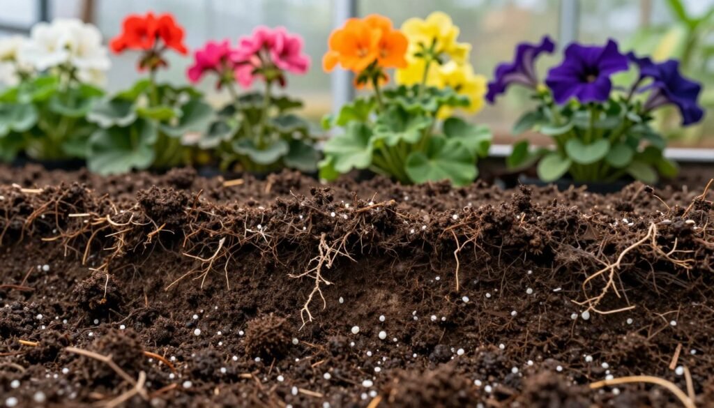 Close-up view of rich, dark topsoil, showcasing its textured layers and organic matter. In the foreground, the soil is moist and nutrient-dense, with small roots and a few tiny white grains of sand dispersed throughout. In the middle ground, a collection of vibrant flowering plants, such as geraniums and petunias, emerge with their colorful blooms just above the soil, hinting at the potential beauty of indoor displays. The background features soft natural lighting filtering through a greenhouse window, illuminating the plants and creating a warm, inviting atmosphere. A slight blur in the background emphasizes the richness of the soil and the flowers as the focal point, evoking a sense of tranquility and care in indoor plant maintenance.