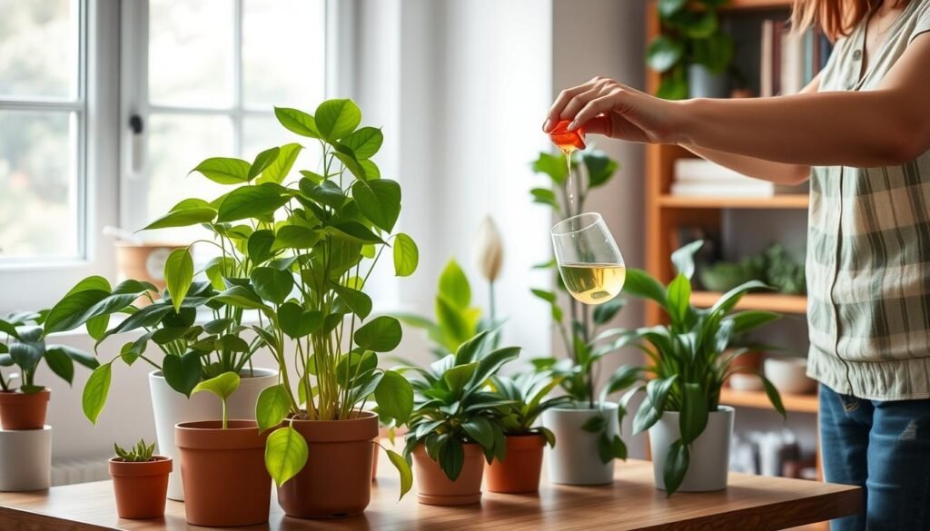 In a cozy indoor setting, a well-lit space with soft, natural light filtering through a window, showcase a table adorned with a variety of vibrant houseplants. In the foreground, a person dressed in modest casual clothing is gently applying liquid fertilizer to a lush, green pothos plant using a small measuring cup. The middle ground features an array of other thriving houseplants, including a flowering peace lily and a tall snake plant, subtly hinting at different stages of growth. In the background, a shelf lined with gardening books and small tools adds to the atmosphere of nurturing and care. The overall mood is calm and encouraging, illustrating the importance of routine care for healthy indoor plants.