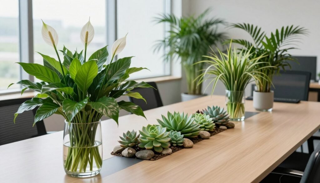 Lush, allergy-friendly flower arrangements in a modern office setting. In the foreground, a sleek glass vase showcases vibrant peace lilies, spider plants, and bamboo palms, known for their air-purifying qualities. The middle ground features a stylish conference table adorned with a minimalist arrangement of succulents in various shades of green, complemented by small rocks for a natural touch. In the background, large windows let in soft, diffused daylight, casting gentle shadows and highlighting the vibrant greens and whites of the foliage. The atmosphere is serene and inviting, promoting a sense of calm productivity. The composition is captured from a slight overhead angle, emphasizing the neat organization of the plants while maintaining a professional workspace aesthetic.