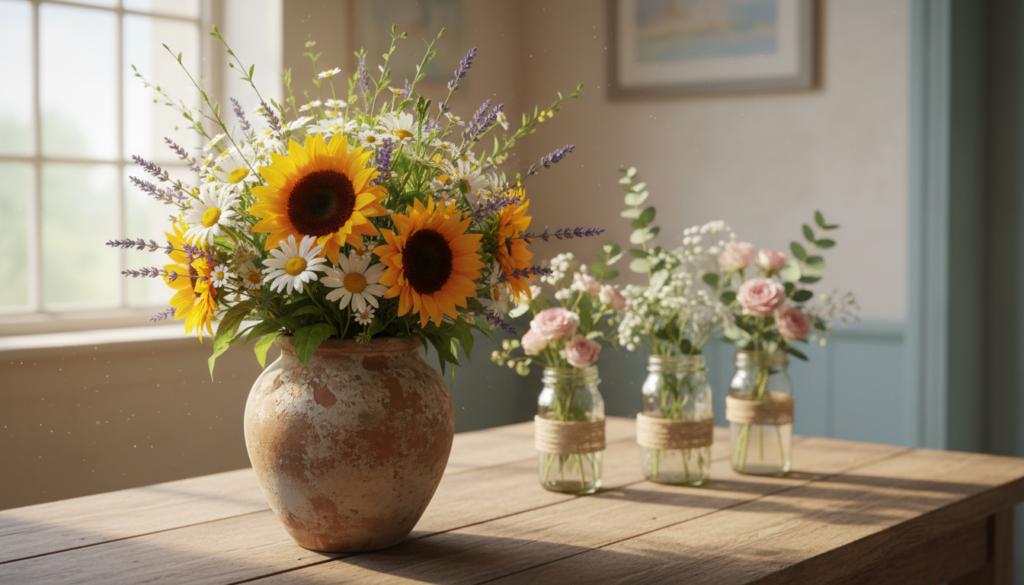 rustic indoor flower display