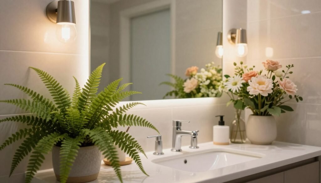 A beautifully arranged bathroom featuring a contemporary light fixture with soft ambient lighting, casting a warm glow. In the foreground, display lush green ferns and delicate flowers in elegant ceramic pots, strategically positioned to complement the light. The middle ground showcases a modern vanity with a sleek mirror, reflecting the floral arrangement bathed in gentle illumination. In the background, subtle hints of light-colored tiles and moisture-resistant decor reinforce a fresh, airy atmosphere. The lighting creates a serene and inviting mood, ideal for relaxation. Capture this scene with a soft focus lens from a slightly elevated angle, emphasizing the interplay between the ambient light and the vibrant colors of the flowers. The overall vibe is calming and sophisticated, perfect for enhancing a bathroom space.
