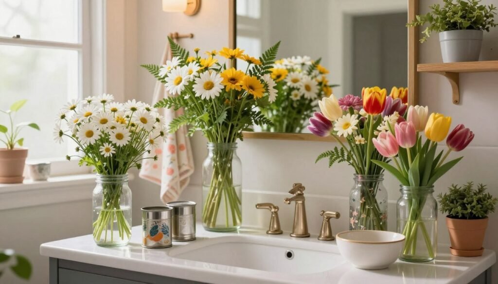 A beautifully arranged bathroom scene featuring repurposed vases as unique flower displays. In the foreground, a vibrant collection of household items like glass jars, tin cans, and ceramic bowls, each filled with colorful fresh flowers like daisies, tulips, and ferns. The middle layer showcases a stylish sink and a mirror reflecting the cheerful arrangement, accentuated by decorative towels. In the background, soft, natural light streams in through a frosted window, creating a warm and inviting atmosphere. A few green plants are strategically placed on shelves, enhancing the freshness of the space. The composition is shot with a shallow depth of field to focus on the vases, conveying a creative and eco-friendly vibe in a cozy bathroom setting.