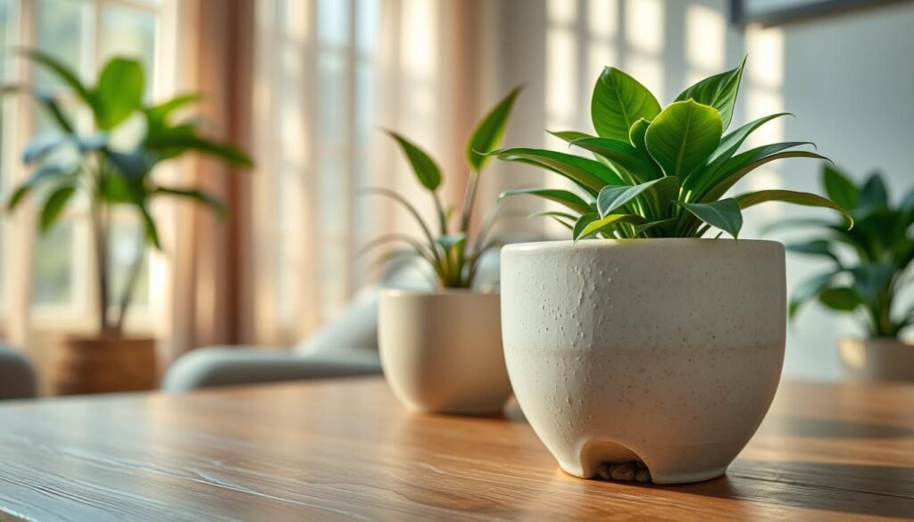 A beautifully arranged cache pot method setup in a cozy indoor environment. In the foreground, a decorative ceramic cache pot in a soft pastel color sits on a wooden table, showcasing tropical houseplants with vibrant green foliage. The pot is adorned with subtle textures and patterns that enhance its aesthetic appeal. In the middle, a small layer of pebbles is visible at the bottom of the pot, indicating the drainage method being used without direct holes. The background features a softly lit room with warm daylight filtering through sheer curtains, casting gentle shadows. The atmosphere is tranquil and inviting, emphasizing the concept of creating a nurturing space for plants. The lens is focused on the cache pot, capturing intricate details, with a shallow depth of field to blur the background slightly.