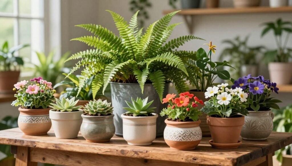 A beautifully arranged display of various planters and containers showcasing a mix of plants and vibrant flowers. In the foreground, a rustic wooden table holds a variety of ceramic and terracotta planters, each one uniquely decorated. The middle features a lush fern spilling over the edge of a modern metal planter, juxtaposed against colorful floral arrangements in ceramic pots. The background is softly blurred, depicting a sunlit indoor garden with green foliage and warm, natural lighting filtering through a nearby window, casting gentle shadows. The overall mood is inviting and fresh, emphasizing the harmony of plants and flowers in thoughtfully selected containers. High-resolution, shallow depth of field.