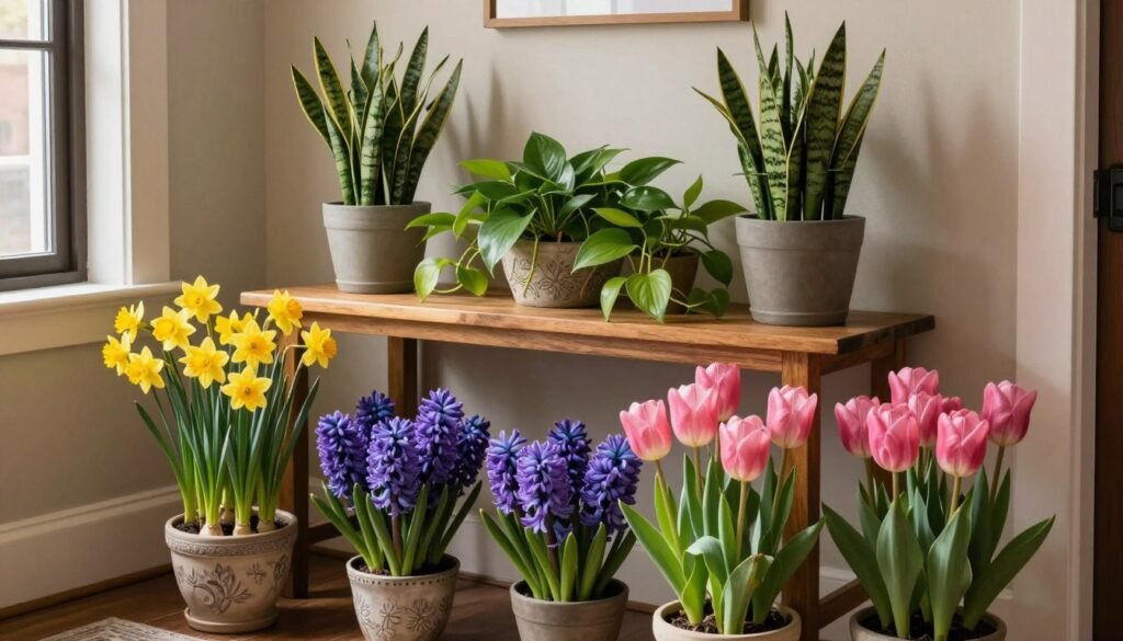 A beautifully arranged entryway featuring an array of colorful blooming plants in decorative pots. In the foreground, vibrant seasonal flowers such as bright yellow daffodils, deep purple hyacinths, and cheerful pink tulips are artfully displayed. The middle section showcases a stylish wooden console table adorned with green foliage plants like snake plants and pothos, adding a lush touch. Soft, natural light filters through a nearby window, casting warm glows across the scene, enhancing the colors. The background features a neutral-toned wall, creating a serene and inviting atmosphere. The angle is slightly elevated, giving a broad view of the arrangement, evoking a sense of freshness and welcoming vibes. This image encapsulates the beauty of seasonal color through blooming plants, perfect for an indoor entryway.