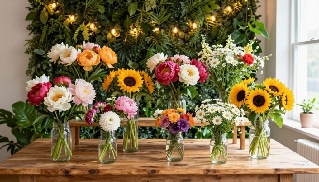 A beautifully arranged flower bar set up for a gathering, capturing a colorful array of fresh flowers in various vases. In the foreground, showcase a rustic wooden table adorned with mason jars and elegant glass containers filled with seasonal blooms like peonies, sunflowers, and daisies. The middle layer features an inviting backdrop of lush green foliage and fairy lights gently illuminating the space, creating a warm and friendly atmosphere. Natural sunlight streams in from a nearby window, highlighting the vibrant colors of the flowers. The mood is cheerful and casual, perfect for a DIY project. No people are present in the image, allowing the focus to be on the stunning display of flowers and the inviting ambiance.