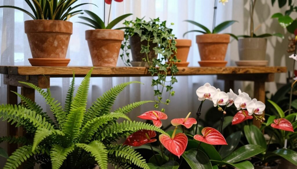 A beautifully arranged indoor display of various plants and flowers, showcasing essential design principles. In the foreground, lush green ferns and vibrant red anthuriums blend harmoniously with delicate white orchids. The middle ground features a rustic wooden shelf adorned with terracotta pots and cascading ivy, creating texture and depth. In the background, soft natural light filters through sheer curtains, casting gentle shadows and highlighting the vibrant colors of the foliage. The atmosphere is serene and inviting, perfect for a cozy indoor environment. The overall composition should evoke a sense of balance and tranquility, with an emphasis on harmony and diverse textures among the plant varieties. Use a shallow depth of field to focus on the foreground plants, capturing their intricate details while softly blurring the background elements.