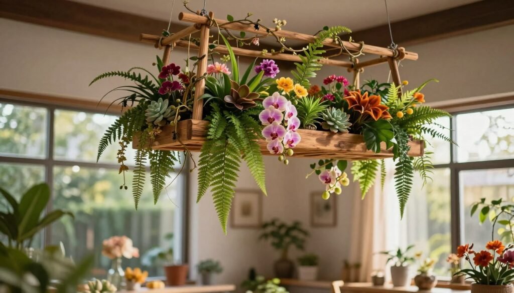 A beautifully arranged indoor flower display featuring lush, vibrant plants suspended from an elegant floating arbor. In the foreground, clusters of colorful flowers in varying shapes and sizes, such as orchids, succulents, and ferns, create a visual feast. In the middle, the floating arbor made of natural wood, intricately designed with delicate vines wrapping around it, enhances the display's charm. The background showcases soft, blurred indoor elements like a cozy room filled with natural light streaming through large windows, creating a serene and inviting atmosphere. The image should be captured from a low angle to emphasize the height of the floating arbor, with warm, soft lighting casting gentle shadows, evoking a calming, inspiring mood perfect for DIY home decor.