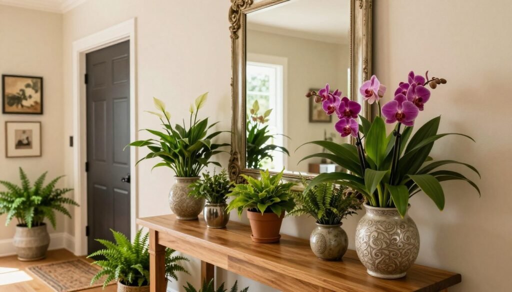 A beautifully styled entryway featuring artful accents that incorporate vibrant indoor flowers in decorative vases. In the foreground, showcase a sleek wooden console table adorned with a variety of colorful plants, such as peace lilies and vibrant orchids, arranged harmoniously. In the middle, add a large, ornate mirror reflecting the greenery and natural light to enhance the space's brightness. In the background, include a welcoming front door flanked by potted ferns and decorative wall art that complements the floral displays. The scene is bathed in soft, warm light to create a cozy and inviting atmosphere, captured from a slightly elevated angle to highlight the arrangement's depth and textures. Aim for a serene and refreshing ambiance.