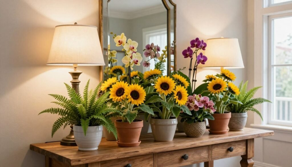 A beautifully styled entryway table decor featuring a vibrant indoor flower display. In the foreground, a rustic wooden table adorned with a variety of colorful potted flowers — cheerful sunflowers, delicate orchids, and lush ferns, arranged artfully in ceramic and terracotta pots. Midground elements include a stylish table lamp casting warm, inviting light, and a decorative mirror reflecting the floral arrangement. In the background, a softly painted wall with a subtle texture complements the decor, while natural light streams in through a nearby window, creating a bright, airy atmosphere. The scene captures a serene and welcoming mood, perfect for an entryway, with a focus on harmony and warmth in floral design.