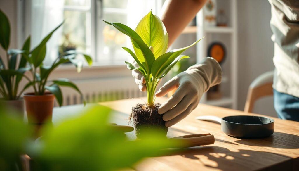 A bright and inviting indoor setting, showcasing a close-up view of a person gently repotting a flowering plant. In the foreground, a pair of hands wearing modest gardening gloves carefully handle the delicate roots of a vibrant indoor flower, like a peace lily or orchid. The middle ground features an array of gardening tools, such as a trowel and small pot, arranged neatly on a wooden table. In the background, soft sunlight streams through a nearby window, illuminating the scene and creating a warm, inviting atmosphere. The person's attire is casual yet professional, appropriate for an article on plant care. The overall mood is serene and focused, emphasizing the care involved in repotting without shocking the plant.