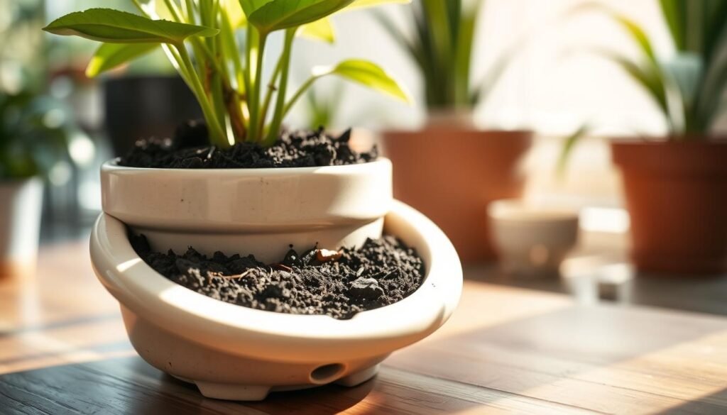 A close-up of a classic ceramic flower pot with visible drainage holes at the bottom, placed on a wooden table. The pot is filled with rich, dark soil and a vibrant green plant with lush leaves rising from it. Soft, natural light filters in from a nearby window, creating gentle shadows that enhance the texture of the pot and soil. In the background, a blurred view of an indoor garden setting can be seen, with additional pots and plants, adding depth to the scene. The overall mood is serene and inviting, showcasing the importance of proper drainage to maintain healthy indoor plants.