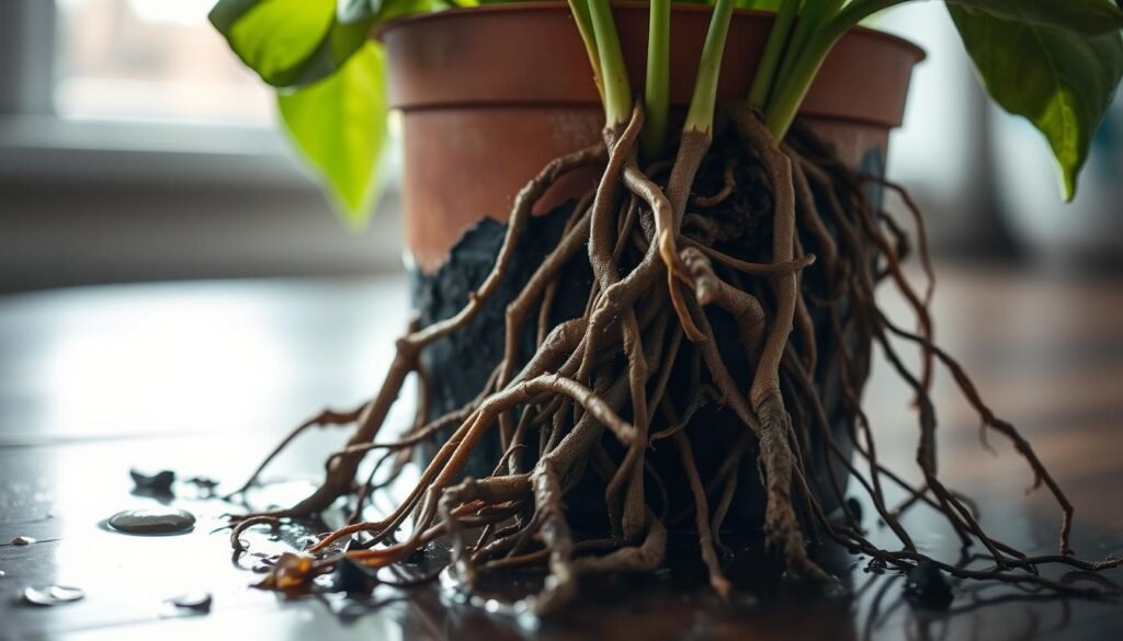 A close-up of a flower pot with unhealthy, waterlogged roots displaying "wet feet" root rot. In the foreground, the rot is evident with brown, mushy roots intertwined with moist soil, showing clear signs of distress. The middle ground features the flower pot, slightly tilted to emphasize the water pooling at the bottom, with some droplets glistening under soft, diffused natural light. In the background, a faintly blurred indoor setting with a window, allowing gentle sunlight to filter through, creating a calm and slightly somber mood. The focus is on the roots, showcasing the impact of inadequate drainage on plant health, with an emphasis on texture and detail that conveys the urgency of proper care.