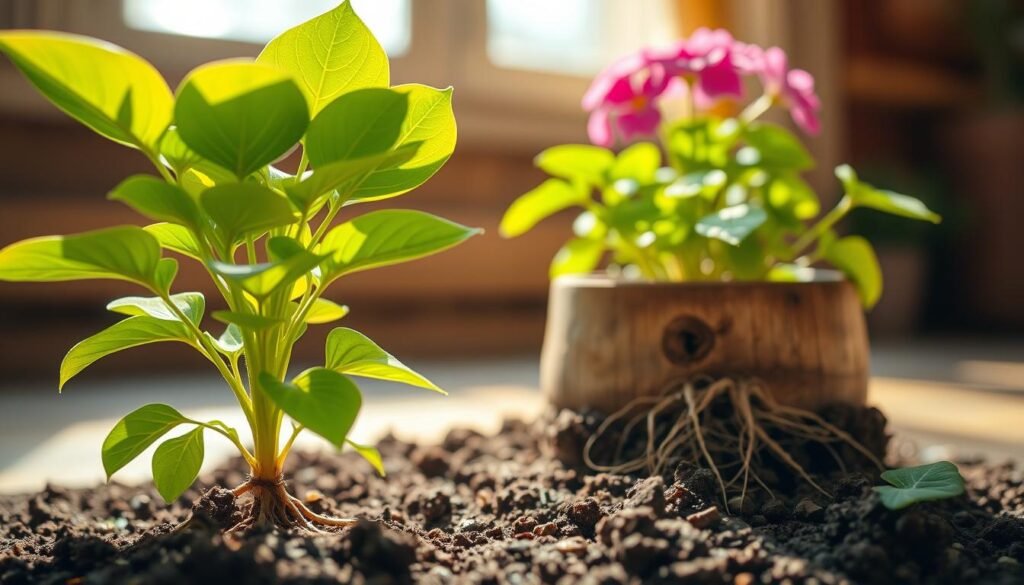 A close-up of a healthy indoor flowering plant exhibiting vibrant blooms, surrounded by a soil-rich environment, symbolizing the 'survival mode light' concept. In the foreground, the plant showcases bright green leaves with hints of yellow in the edges, indicating a need for repotting. The middle ground features a rustic wooden pot with visible roots trying to escape, emphasizing the stunted growth due to lack of space. The background is softly blurred, highlighting a warm, natural light coming through a window, casting gentle shadows that create an inviting and serene atmosphere. The image should have a bright, uplifting mood, with a focus on the contrast between the vibrant plant and the earthy tones of the pot and soil. Use a macro lens effect to emphasize the details of the plant and soil textures.