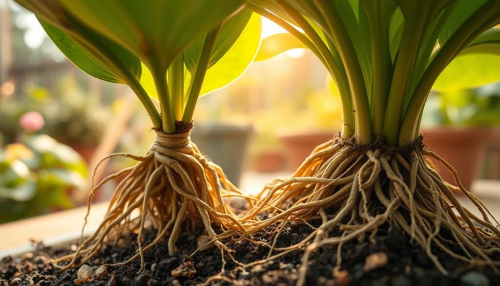 A close-up of healthy, intricate roots emerging from a repotted flowering houseplant, revealing the texture and complexity of the roots as they intertwine and spread out. The foreground showcases the roots cradled in rich, dark soil, with hints of small pebbles and organic matter. In the middle ground, the vibrant green leaves of the plant gently frame the scene, showcasing the lushness that signifies a thriving houseplant. The background features a softly blurred garden setting with warm, diffused natural light filtering through, creating a serene atmosphere. The angle is slightly above, giving a dynamic view that invites the viewer to explore the hidden world below the soil. Overall, the image conveys a sense of nurturing and growth, perfect for illustrating the concept of repotting in houseplant care. A close-up of healthy, intricate roots emerging from a repotted flowering houseplant, revealing the texture and complexity of the roots as they intertwine and spread out. The foreground showcases the roots cradled in rich, dark soil, with hints of small pebbles and organic matter. In the middle ground, the vibrant green leaves of the plant gently frame the scene, showcasing the lushness that signifies a thriving houseplant. The background features a softly blurred garden setting with warm, diffused natural light filtering through, creating a serene atmosphere. The angle is slightly above, giving a dynamic view that invites the viewer to explore the hidden world below the soil. Overall, the image conveys a sense of nurturing and growth, perfect for illustrating the concept of repotting in houseplant care.