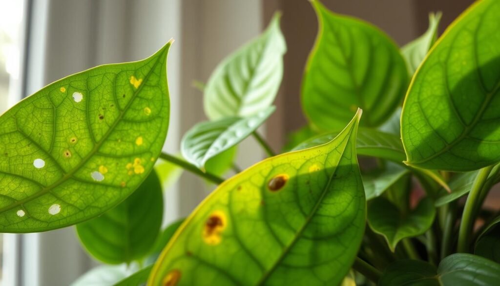 A close-up of indoor plant leaves showing signs of pest damage, such as small holes, discoloration, and tiny spots indicative of infestations. In the foreground, focus on vibrant green leaves with yellowing tips and visible symptoms of spider mites or aphids. In the middle ground, include a few larger, healthy leaves contrasting with the damaged ones, showcasing the overall health of the plant. The background features soft, diffused natural light coming through a north-facing window, casting gentle shadows and illuminating the textures of the leaves. The mood is educational and slightly concerning, reflecting the challenges of indoor flower care while emphasizing the signs of pest issues. The image should be richly detailed, highlighting the unwanted presence of pests without any text or distractions.