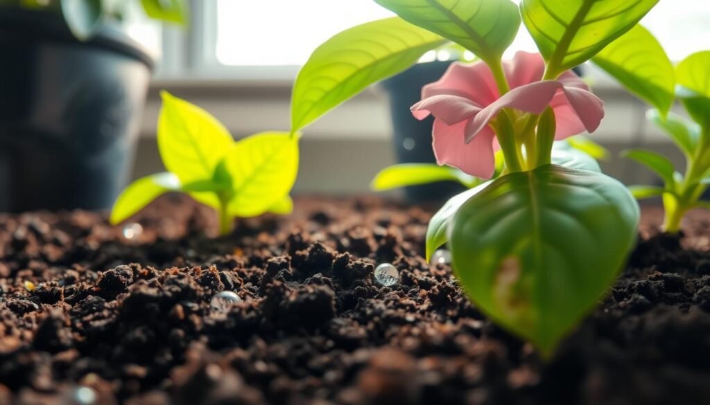 A close-up perspective of healthy indoor plant soil, showcasing rich, dark soil texture with visible moisture droplets, reflecting light in a soft, natural manner. In the foreground, lush green leaves of a flowering plant stand vibrant, contrasting with the soil. The middle ground features small soil moisture sensors embedded in the soil, indicating optimal hydration. The background includes gently diffused sunlight filtering through a window, enhancing the warm and inviting atmosphere while providing clarity. A subtle hint of ambient humidity is suggested through slight visual mist, symbolizing a balanced indoor environment. The overall mood is serene and nurturing, emphasizing the importance of proper watering and airflow to maintain healthy plants.