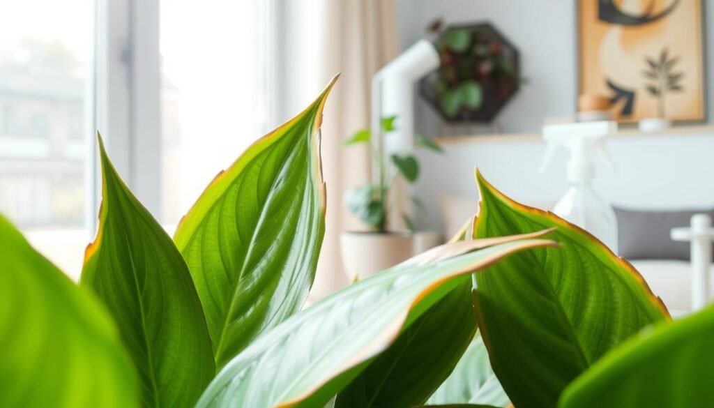 A close-up shot of indoor plant leaves displaying browning tips due to low humidity, placed prominently in the foreground. The leaves, lush and vibrant green in their healthy state, contrast sharply with the brown, crispy edges, illustrating the impact of environmental conditions. In the middle ground, a well-lit, stylish indoor plant setup includes a decorative pot and a gentle misting spray bottle, hinting at humidity management. The background features a softly blurred room with natural light filtering through a window, creating a warm and inviting atmosphere. Use a shallow depth of field to focus on the leaf details while giving a hint of the surrounding home environment. The overall mood should be informative and calm, encouraging viewers to pay attention to their indoor plants’ needs.