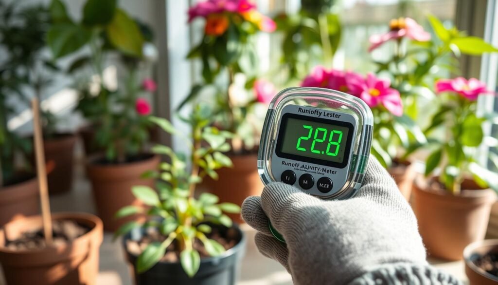 A close-up view of a clear digital soil salinity meter being used to measure runoff salt levels in potting soil. In the foreground, the meter displays vivid green and red lights indicating the salinity results. In the middle ground, a hand wearing a modest gardening glove holds the meter, capturing the action of testing. In the background, a well-lit indoor setting showcases potted plants with lush green foliage and vibrant blooms. The lighting is soft and natural, creating a calm and informative atmosphere, while the focus is on the salinity meter, emphasizing the importance of monitoring salt levels. The scene conveys a sense of care and attention to plant health, ideal for educational purposes.