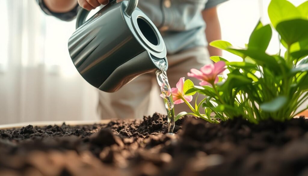 A close-up view of a gardener, wearing modest casual clothing, gently pouring water from a stylish watering can onto the soil of a vibrant indoor flower pot. The foreground features rich, dark soil with moisture visibly soaking in, highlighting the intricate details of the plant roots. In the middle ground, healthy green leaves and colorful petals emerge, glistening as sunlight filters through a nearby window, casting gentle shadows. The background showcases soft, diffused light, creating a warm and inviting atmosphere, enhancing the sense of care and nurturing. The composition captures the essence of top watering techniques, illustrating a calm and focused moment in a home gardening environment. A close-up view of a gardener, wearing modest casual clothing, gently pouring water from a stylish watering can onto the soil of a vibrant indoor flower pot. The foreground features rich, dark soil with moisture visibly soaking in, highlighting the intricate details of the plant roots. In the middle ground, healthy green leaves and colorful petals emerge, glistening as sunlight filters through a nearby window, casting gentle shadows. The background showcases soft, diffused light, creating a warm and inviting atmosphere, enhancing the sense of care and nurturing. The composition captures the essence of top watering techniques, illustrating a calm and focused moment in a home gardening environment.