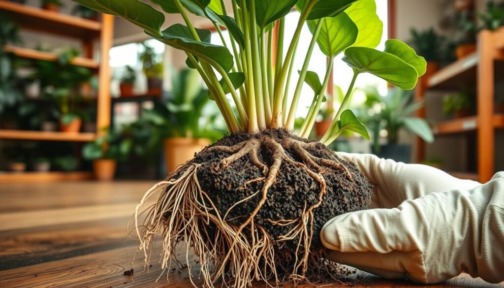 A close-up view of a healthy indoor plant with visible roots, showcasing the contrast between healthy, white roots and dark, rotten ones. The foreground features a pair of hands, gloved in light gardening gloves, gently inspecting the root ball, focusing on the signs of overwatering or root-bound conditions. The middle ground captures the rich, dark potting soil surrounding the roots and the plant's vibrant green leaves. The background is softly blurred, featuring a warm-lit indoor space with shelves of other flourishing plants, creating a serene and nurturing atmosphere. Natural light filters in through a window, casting soft shadows and highlighting the textures of the roots and soil. The overall mood is calm and informative, emphasizing care and attention for indoor gardening.