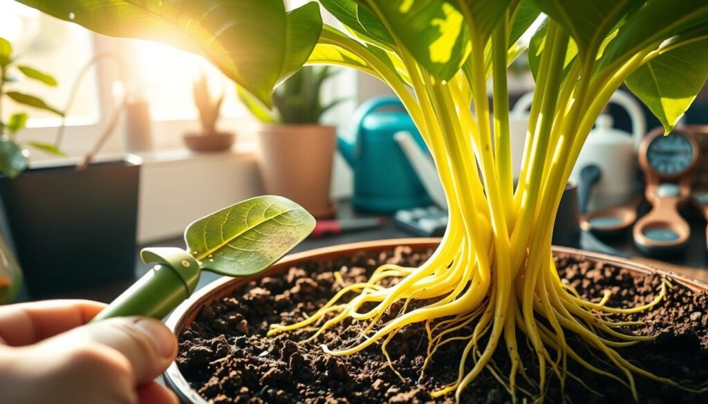 A close-up view of a healthy potted plant in rich, dark soil, showcasing vibrant green leaves and strong roots visibly peeking through the drainage holes at the bottom of the pot. In the foreground, a gentle hand is holding a small trowel, emphasizing the act of caring for the plant. The middle ground features an array of gardening tools such as a watering can and soil moisture meter, all arranged aesthetically. In the background, soft sunlight filters through a window, casting warm, golden rays that illuminate the plant and create a tranquil indoor garden atmosphere. The scene conveys a sense of nurturing and growth, focusing on the importance of prevention techniques for root rot in indoor plants.