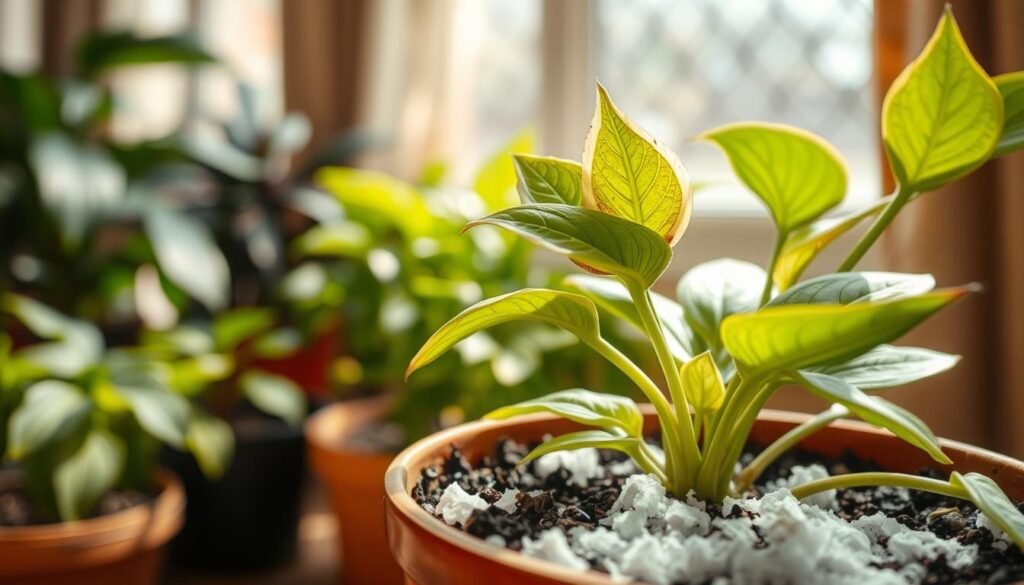 A close-up view of a houseplant suffering from salt build-up, with white, crusty salt deposits visible on the soil surface and around the pot’s rim. The leaves exhibit signs of leaf burn, with yellowing and browning tips, illustrating distress. In the background, softly blurred, there are several healthy plants showcasing vibrant green leaves, contrasting with the struggling plant in focus. The lighting is warm and inviting, creating a cozy indoor atmosphere, with natural light cascading through a nearby window. The angle is slightly above the plant, capturing both the salt build-up and the effects on foliage, emphasizing urgency and care. Overall, the image should convey a sense of concern for plant health while remaining visually appealing.