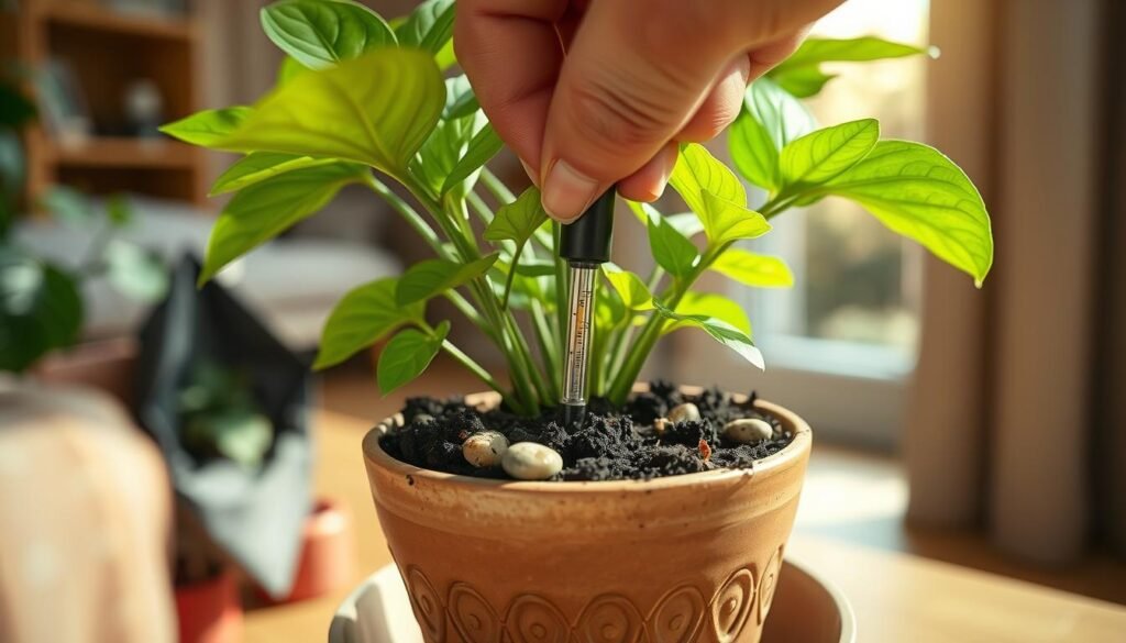 A close-up view of a person checking soil moisture in a flower pot, highlighting a healthy indoor plant with vibrant green leaves. The foreground features a hand gently inserting a moisture meter into the dark, rich soil, showcasing the texture and slight dampness. The middle layer includes the pot with decorative elements like pebbles and a saucer, emphasizing proper drainage. The background is softly blurred to reveal a cozy indoor setting with warm, natural light streaming through a window, adding an inviting atmosphere. The scene evokes a sense of care and dedication to plant maintenance, ensuring the image is tranquil and focused on the soil investigation process.