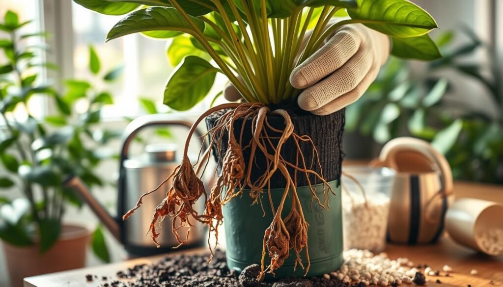 A close-up view of a potted houseplant with visible signs of root rot, showcasing brown and mushy roots. In the foreground, a pair of hands gently holding the plant, wearing modest gardening gloves. The middle ground features a soil mix with perlite and a watering can, emphasizing the care involved in the treatment process. The background includes soft-focus indoor greenery to create a sense of a nurturing environment. The lighting is warm and natural, with sunlight streaming in from a nearby window, creating a calm and hopeful atmosphere. The angle is slightly elevated, giving a clear view of the plant and the tools used for rehabilitation. This image captures the essence of caring for indoor plants while addressing root rot effectively.