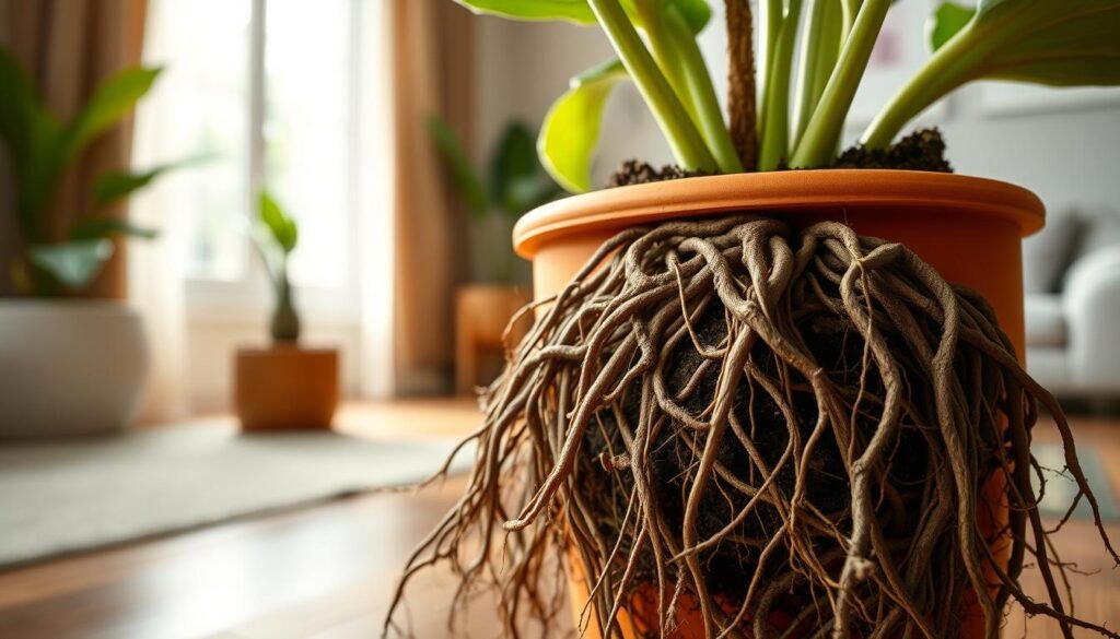 A close-up view of a potted indoor flower with roots visibly circling the inside of a terracotta pot. The roots are thick and intertwining, creating a vibrant texture against the earthy pot. The foreground focuses on the intricate root system, emphasizing the urgency of repotting, with one or two green leaves peeking out from the top of the pot. In the middle, soft natural light filters through a nearby window, casting gentle shadows and highlighting the rich soil. In the background, a blurred indoor setting with minimalistic decor suggests a cozy home atmosphere. The overall mood is warm and inviting, while also conveying a sense of concern for plant health.