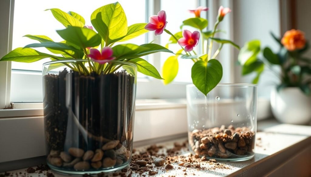 A close-up view of a potted indoor flower with vivid green leaves and colorful blossoms, meticulously placed on a window sill, showcasing a drainage setup beneath it. The foreground features a clear, well-draining pot filled with rich, dark soil and small pebbles at the bottom, allowing excess water to escape. In the middle ground, gentle sunlight streams in through the north-facing window, creating soft shadows that enhance the texture of the leaves. The background showcases a muted, serene indoor environment with subtle hints of other plants, contributing to a calm atmosphere. The image should capture a bright, inviting mood, emphasizing the importance of suitable watering and drainage for indoor flowers. The composition should be shot with a shallow depth of field, focusing sharply on the pot while gently blurring the background. A close-up view of a potted indoor flower with vivid green leaves and colorful blossoms, meticulously placed on a window sill, showcasing a drainage setup beneath it. The foreground features a clear, well-draining pot filled with rich, dark soil and small pebbles at the bottom, allowing excess water to escape. In the middle ground, gentle sunlight streams in through the north-facing window, creating soft shadows that enhance the texture of the leaves. The background showcases a muted, serene indoor environment with subtle hints of other plants, contributing to a calm atmosphere. The image should capture a bright, inviting mood, emphasizing the importance of suitable watering and drainage for indoor flowers. The composition should be shot with a shallow depth of field, focusing sharply on the pot while gently blurring the background.