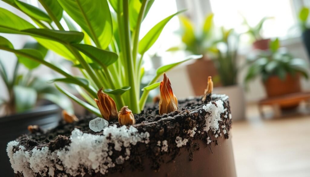 A close-up view of a potted plant exhibiting significant salt build-up around the soil surface and on the edges of the pot. The foreground features coarse white crystalline deposits and a few withered, brown leaf tips, indicating nutrient stress. The middle ground shows lush green foliage with a few yellowing leaves, illustrating the effects of excess salts. The background is softly blurred, hinting at other indoor plants in a well-lit setting, with soft natural sunlight streaming in through a window, creating a warm, inviting atmosphere. The angle is slightly downward to emphasize the salt deposits, capturing a clear and educational representation of the problem.