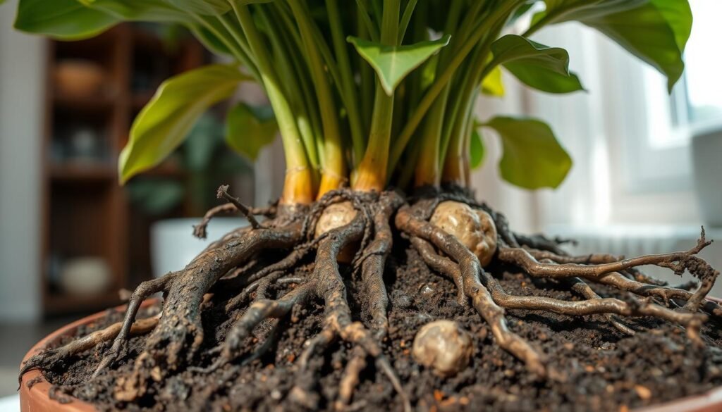 A close-up view of a potted plant with severe root rot, showcasing dark, decaying roots surrounded by moist, discolored soil. In the foreground, emphasize the unhealthy roots: some are blackened while others display a mushy texture. The middle layer features the plant itself, wilted and drooping with yellowing leaves, signifying distress. In the background, softly blurred indoor elements like a window with muted daylight filtering through, casting gentle shadows. Utilize natural lighting to enhance the textures and colors of the soil and roots while maintaining a somber mood. Aim for an angle that highlights the contrast between the vibrant plant life above and the deteriorating roots below, illustrating the hidden impact of root rot on potted plants.