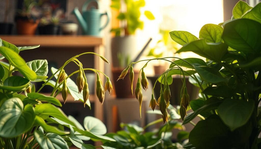 A close-up view of a variety of indoor plants suffering from bud drop, showcasing drooping flowers and healthy foliage in a cozy, well-lit indoor environment. In the foreground, vibrant green leaves exhibit signs of stress, while delicate buds are shown falling from the stems, highlighting the issue at hand. The middle ground features a wooden shelf with potting soil, drainage tools, and a watering can, suggesting a DIY weekend project atmosphere. The background is softly blurred, revealing warm sunlight filtering through a window, creating a tranquil mood. Use natural, soft lighting to emphasize the texture of the leaves and the subtle shades of the plants. Capture this scene with a shallow depth of field to focus on the details of the plants, conveying a sense of urgency and care in indoor gardening.