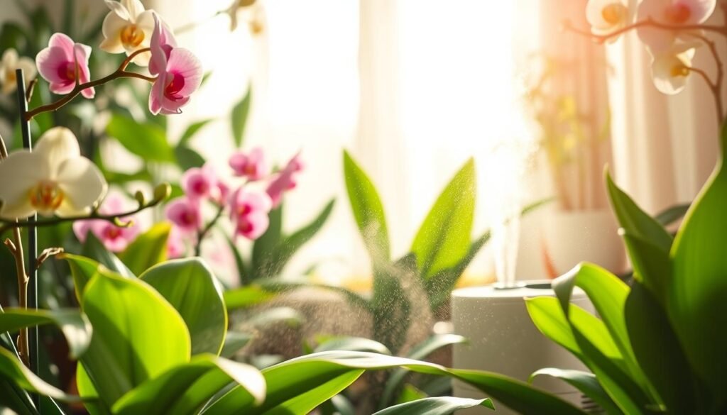 A close-up view of a vibrant indoor garden featuring various flowering plants like orchids and peace lilies, subtly misted with water droplets to illustrate humidity. In the foreground, delicate leaves glisten with moisture, while the middle ground showcases a small humidifier gently releasing a fine mist. The background is softly blurred, hinting at a sunlit window draped with sheer curtains, casting warm, diffused natural light. The atmosphere is lush and inviting, conveying a sense of serenity and vitality essential for plant health, evoking feelings of care and tenderness. The image captures a harmonious balance of nature and indoor comfort, aiming to inspire readers to maintain optimal humidity for their flowers.