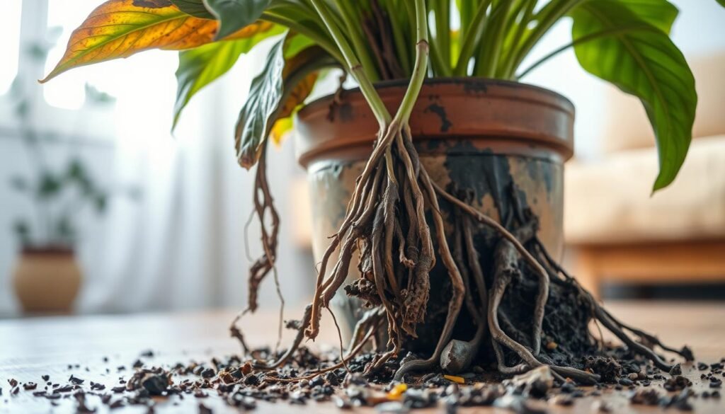 A close-up view of a wilted indoor plant displaying symptoms of root rot, with dark, mushy roots emerging from damp, unhealthy soil in the foreground. The leaves are brown and drooping, a stark contrast to the once vibrant green. In the middle ground, a well-worn pot shows signs of neglect, perhaps with water pooling at the bottom. The background features a softly blurred home setting with indirect natural light filtering through a window, creating a gentle, melancholic atmosphere. Use a macro lens effect to highlight the details of the roots and soil, emphasizing the waterlogged environment that leads to root rot. The mood captures a sense of caution for indoor gardening enthusiasts.