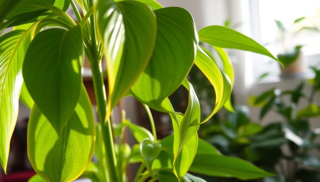 A close-up view of drooping leaves from a vibrant indoor plant, showcasing various shades of green, with some leaves displaying subtle yellowing at the edges. In the foreground, focus on several large, glossy leaves curling downwards, reflecting gentle light, suggestive of moisture loss. The middle ground features additional foliage, slightly blurred to accentuate the drooping leaves while retaining details on texture and health. In the background, a softly lit room setting suggests a cozy indoor environment, with hints of natural light filtering through a nearby window, casting delicate shadows that enhance the atmosphere of concern for a wilting plant. The mood is somber yet hopeful, representing a common gardening challenge.