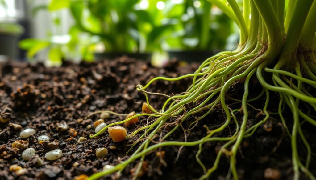 A close-up view of healthy plant roots emerging from rich, dark soil, showcasing their intricate network and fine, hair-like filaments. The foreground features vibrant green roots intertwined with small pebbles and earthy textures, illustrating a thriving ecosystem. In the middle ground, a glimpse of slightly damp soil with hints of natural decay but no mold, emphasizing the importance of proper drainage. The background includes blurred greenery of indoor plants, creating a serene atmosphere. Soft, diffused natural lighting filters through, casting gentle shadows that accentuate the roots’ details, evoking a sense of freshness and vitality in indoor plant care. The overall mood is nurturing and educational, ideal for illustrating responsible gardening practices.