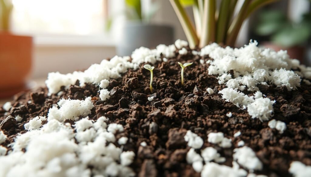 A close-up view of houseplant soil exhibiting white mold, highlighting the contrasts between the mold and the healthy, rich dark brown soil underneath. The foreground should feature detailed textures of the white mold, fluffy and irregularly shaped, interspersed with healthy soil particles. In the middle ground, small plant roots can be seen emerging, showcasing life amidst the mold. The background should be softly blurred, hinting at a cozy indoor environment, with gentle natural light filtering through a nearby window, casting soft shadows. The overall mood is one of intrigue and awareness, emphasizing the importance of understanding plant health in the first week after purchase. Capture this image with a slight macro lens to accentuate the details, creating a focused yet serene atmosphere.