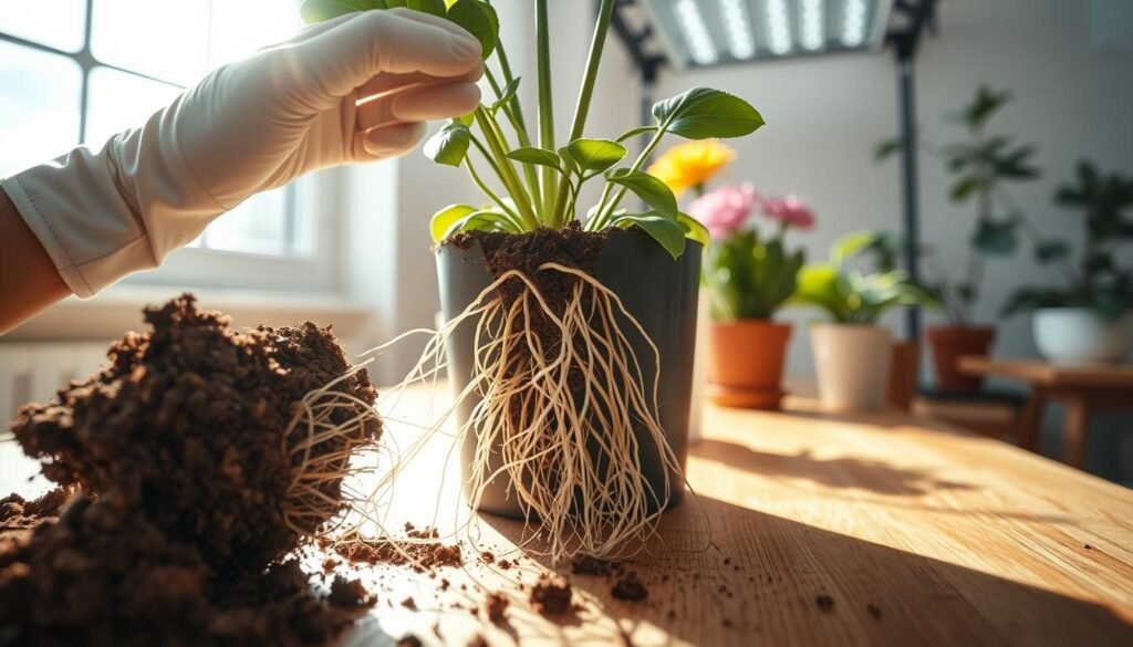 A close-up view of indoor plant roots being inspected in a bright, well-lit room. The foreground features a pair of gloved hands gently lifting soil away from the roots of a healthy potted plant, revealing rich, brown earth and intricate white roots. In the middle, the plant pot sits on a wooden table, surrounded by a few vibrant indoor flowers. Natural sunlight streams through a window, casting soft shadows and creating a warm atmosphere. The background includes a few potted plants and a grow light in action, enhancing the nurturing environment. The overall mood is serene and focused, illustrating the importance of healthy roots for indoor plant care.