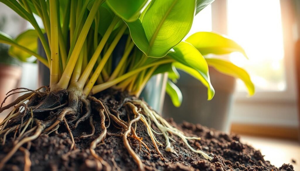 A close-up view of indoor plant roots showing clear signs of root rot, with dark, soggy, and discolored roots, contrasting against healthy, white roots nearby. The foreground features soil with a damp texture, revealing the roots emerging from the pot. In the middle ground, vibrant green leaves of the plant exhibit wilting and yellowing, indicative of distress from root rot. The background is softly blurred to focus on the plant, illuminated by warm, natural sunlight coming from a nearby window, creating a serene atmosphere. The overall mood conveys urgency for early recognition of root issues in indoor gardening.