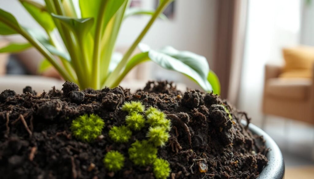 A close-up view of mold growth on the surface of a potted plant, showcasing velvety green and black patches on the soil. The foreground features richly textured soil, with small roots peeking through, and fuzzy mold clusters thriving in the damp environment. In the middle ground, the vibrant leaves of the plant exhibit signs of stress, with some yellow and brown edges, indicating the unhealthy conditions. The background softly blurs with hints of indoor furniture, creating a cozy but humid atmosphere. Natural light filters in from a nearby window, casting gentle shadows, enhancing the mold's textures. The overall mood is one of concern and caution, effectively illustrating the conditions that promote mold growth in indoor plants.