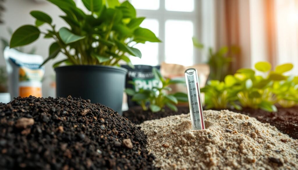 A close-up view of nutrient-rich soil showing variations in pH levels, arranged in vibrant layers, with visible minerals and organic matter. In the foreground, rich dark soil is contrasted with lighter sandy soil around a few flourishing indoor plants, exhibiting healthy green leaves mixed with some yellowing ones to represent nutrient deficiency. The middle ground features a clear pH meter and bags of fertilizers, emphasizing the importance of pH in plant health. The background includes a softly lit indoor space with a north-facing window, filtered natural light casting a warm glow, creating a serene and focused atmosphere. Use a shallow depth of field to keep attention on the soil and plants while blurring the background slightly for depth.