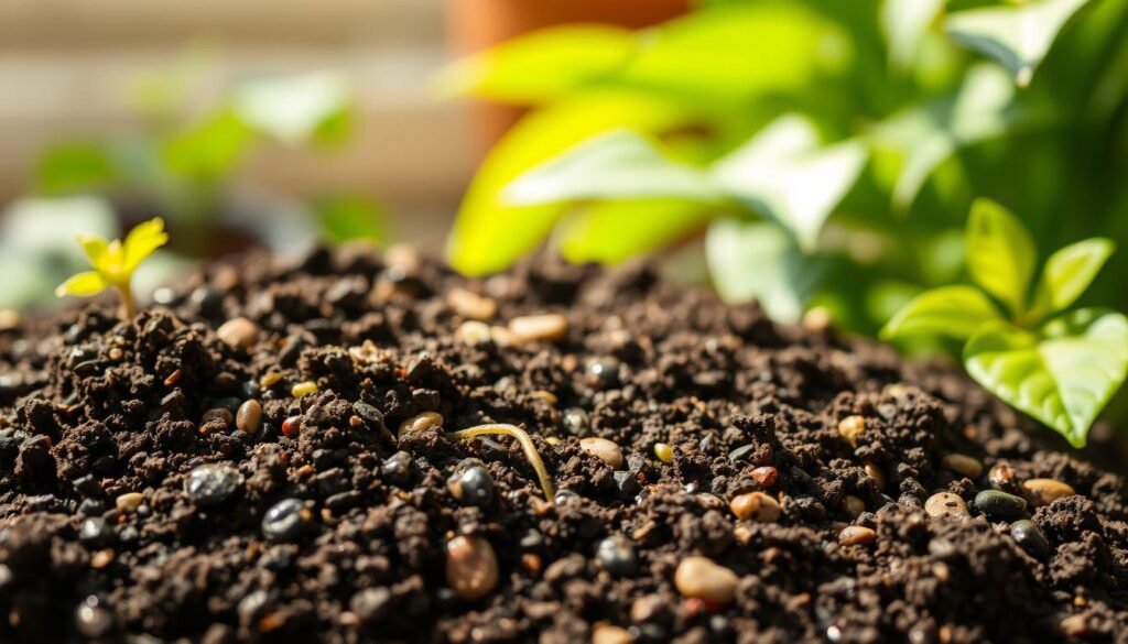 A close-up view of rich, dark potting soil with a texture that captures the blend of organic matter and nutrients, interspersed with small pebbles for drainage. In the foreground, focus on the moist soil, with subtle glistening beads of water reflecting light. In the middle ground, include scattered small plant roots visibly intertwined within the soil, illustrating healthy growth conditions. The background features softly blurred green leaves of houseplants, suggesting a thriving indoor garden atmosphere. Use natural lighting to create a warm and inviting mood, with a slight top-down angle, enhancing the textures and colors of the soil. The overall image should evoke a sense of nurturing and care, ideal for promoting successful potting techniques. A close-up view of rich, dark potting soil with a texture that captures the blend of organic matter and nutrients, interspersed with small pebbles for drainage. In the foreground, focus on the moist soil, with subtle glistening beads of water reflecting light. In the middle ground, include scattered small plant roots visibly intertwined within the soil, illustrating healthy growth conditions. The background features softly blurred green leaves of houseplants, suggesting a thriving indoor garden atmosphere. Use natural lighting to create a warm and inviting mood, with a slight top-down angle, enhancing the textures and colors of the soil. The overall image should evoke a sense of nurturing and care, ideal for promoting successful potting techniques.