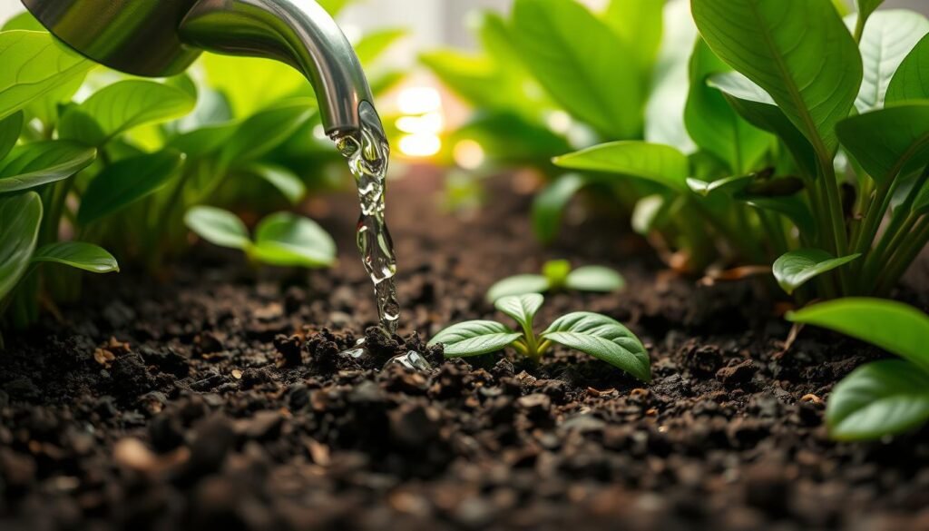A close-up view of rich, dark soil being gently watered from a sleek, modern watering can, highlighting water droplets soaking into the soil. The foreground features vibrant green indoor plants with glossy leaves, some exhibiting signs of stress like brown tips. In the middle ground, a light source illuminates the scene, creating a warm, inviting atmosphere. The background includes a softly blurred display of light from a grow light setup, hinting at its purpose without being the focus. Ideal lighting conditions cast gentle shadows, enhancing texture and depth, while capturing the essence of nurturing indoor plants. The composition should evoke a sense of care and attention to detail, inviting viewers to explore the importance of proper watering techniques.