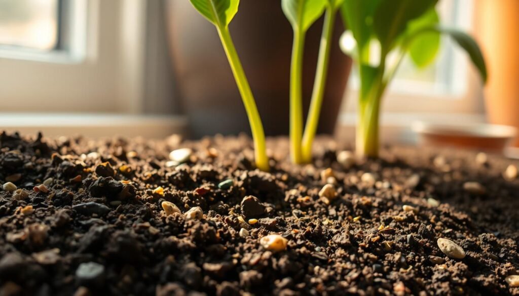 A close-up view of rich, dark soil filled with tiny organic particles, showcasing a blend of sandy and loamy textures. In the foreground, bits of decomposed leaves and tiny pebbles can be seen, emphasizing the health benefits of mixed soil for indoor plants. In the middle ground, several healthy green indoor plant roots peek through the soil surface, soaking in moisture. The background features a soft-focus view of a sunny windowsill with gentle, warm light streaming in, creating a cozy atmosphere. The image should convey a sense of nurturing and growth, with a hint of earthiness and nature, using natural daylight to illuminate the soil's richness without any distracting elements or text. A close-up view of rich, dark soil filled with tiny organic particles, showcasing a blend of sandy and loamy textures. In the foreground, bits of decomposed leaves and tiny pebbles can be seen, emphasizing the health benefits of mixed soil for indoor plants. In the middle ground, several healthy green indoor plant roots peek through the soil surface, soaking in moisture. The background features a soft-focus view of a sunny windowsill with gentle, warm light streaming in, creating a cozy atmosphere. The image should convey a sense of nurturing and growth, with a hint of earthiness and nature, using natural daylight to illuminate the soil's richness without any distracting elements or text.